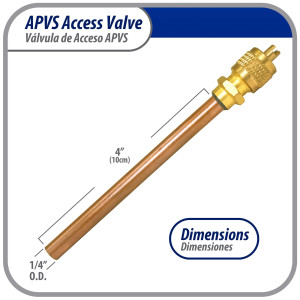 Appli Parts Valvula de acceso de 1/4 SAE x 1/4 pulg OD x con vastago de cobre de 10cm de largo con nucleo y tapa de laton con removedor de nucleo y empacadura APVS-14144