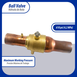 Appli Parts APBV-218 Valvula de Cierre 2-1/8 in tipo Bola de conexion soldable con puerto de servicio SAE de 1/4 in, presion maxima de trabajo 610 psi temperaturas de -30C a 120C longitud total 322mm