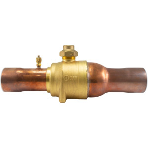 Appli Parts APBV-218 Valvula de Cierre 2-1/8 in tipo Bola de conexion soldable con puerto de servicio SAE de 1/4 in, presion maxima de trabajo 610 psi temperaturas de -30C a 120C longitud total 322mm
