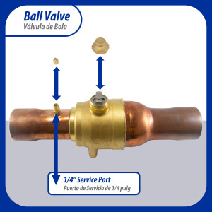 Appli Parts APBV-218 Valvula de Cierre 2-1/8 in tipo Bola de conexion soldable con puerto de servicio SAE de 1/4 in, presion maxima de trabajo 610 psi temperaturas de -30C a 120C longitud total 322mm