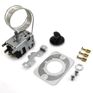 Danfoss 077B7102 Thermostat Freezer control 077B0983L Cold Cut-in 0.4F Cold cut-out -12.1F Warm Cut-in 14.9F Warm Cut-out 5F Capillary tube length 47.2in
B0