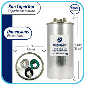 Appli Parts Dual Run Capacitor for ac 65+5 Mfd uF (microfarads) 370VAC or 450VAC CBB65 Round Universal fit for hvac and other applications 5-1/8 in High 2-1/4 in Wide CON-65/5-450