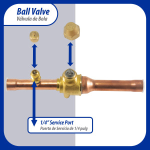 Appli Parts APBV-012 1/2 in Shut Off Ball Valve ODF Universal Replacement 610 psi (4.2 Mpa) max pressure -22 F to 248 F work temperature with 1/4 in SAE service port, with 6-1/2 in overall length