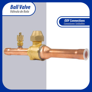 Appli Parts APBV-012 Valvula de Cierre 1/2 in tipo Bola de conexion soldable con puerto de servicio SAE de 1/4 in, presion maxima de trabajo 610 psi temperaturas de -30 C a 120 C longitud total 165mm