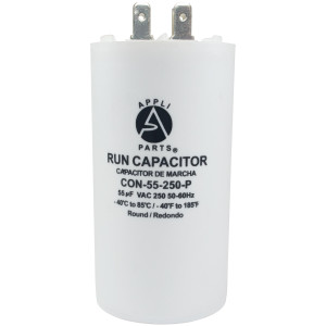 Appli Parts Run Capacitor for electric motors 55 Mfd uF (microfarads) 250VAC Plastic Case with terminals CBB60 Round Universal fit water pumps and others 4-1/4 in High 2 in Wide CON-55-250-P