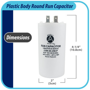 Appli Parts Run Capacitor for electric motors 55 Mfd uF (microfarads) 250VAC Plastic Case with terminals CBB60 Round Universal fit water pumps and others 4-1/4 in High 2 in Wide CON-55-250-P