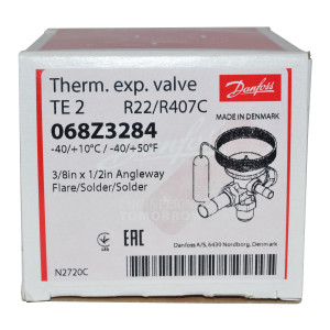 Danfoss 068Z3284 1/4 - 5.5TR Cuerpo de Valvula Expansion, TE 2, R22,R407C, 3/8x1/2 in, Flare x Soldable, Ecualizacion Externa, Bi-Flow, -40 a 10 C, Capacidad determinada por Orificio Venta Separda, Producto Identico 068Z3333