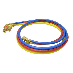 Uniweld EZ6HS Manifold Hoses 72in Red and Blue with EZ Turn Yellow with Ball Valve CFC/HCFC/HFC R410 Anti-Blowback fitting with Soft Magic Barrier hose set
