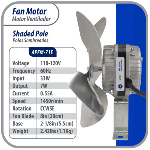 Appli Parts APFM-71E 7W Condenser and Evaporator Fan Motor 115V 60Hz 0.55A, Includes 8in Aluminum Fan Blade and Mounting Base, Universal Replacement for Commercial Refrigeration Units