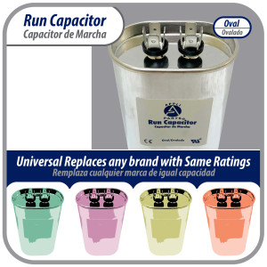 Appli Parts Run Capacitor for ac 25 Mfd uF (microfarads) 370VAC CBB65 Oval Universal fit for hvac and other applications 2-3/4 in Wide 1-3/4 in Depth 2-1/2 in Height CON-25-370
