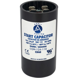 Appli Parts CON-124-110 Motor Start Capacitor 124-149 MFD uF, 110-125 VAC. Universal for Electric Motor Applications, 1.44 in Wide, 2.75 in Height
