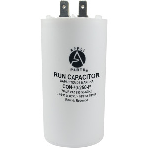 Appli Parts Condensador Capacitor de Marcha 70 Mfd uF (microfaradios) 250VAC CBB60 Cuerpo plastico para bombas de agua y otras aplicaciones Redondo UL E476928 CON-70-250-P