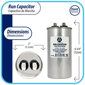 Appli Parts Condensador Capacitor de Marcha 70 Mfd uF (microfaradios) 370VAC o 450VAC CBB65 Universal Aire acondicionado y otras aplicaciones Redondo UL E476928 12cm Alto 5.2cm Ancho CON-70-450
