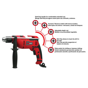 Promaker 1/2in Hammer Drill PRO-TP500 Voltage - Frequency: 120V - 60Hz Amperage: 5.0AMP Power: 500W Speed: 0-2800rpm Chuck size: 1/2in (13mm) Weight: 4.62Lb Cord: 6.5ft
