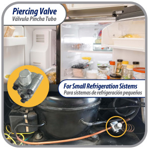 Appli Parts APT-PV310 Valvula perforadora 1/2, 5/8 pulg tipo bala con adaptadores y sello para sistemas de refrigeracion con puerto de servicio SAE de 1/4 pulg