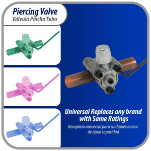 Appli Parts APT-PV310 Valvula perforadora 1/2, 5/8 pulg tipo bala con adaptadores y sello para sistemas de refrigeracion con puerto de servicio SAE de 1/4 pulg