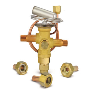 Danfoss 067L5959 7TR Thermostatic expansion valve, TR 6, R410A, 3/8x3/8 in Solder, ODF, 1/4 in Cap. Tube, Flare, Embossed 1-way arrow, 15 to 60 F 