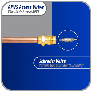 Appli Parts Valvula de acceso de 1/4 SAE x 1/4 pulg OD x con vastago de cobre de 8cm de largo con nucleo y tapa de laton con removedor de nucleo y empacadura APVS-14143