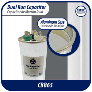 Appli Parts Dual Run Capacitor for ac 65+7.5 Mfd uF (microfarads) 370VAC or 450VAC CBB65 Round Universal fit for hvac and other applications 5-1/4 in High 2-1/4 in Wide CON-65/7.5-450