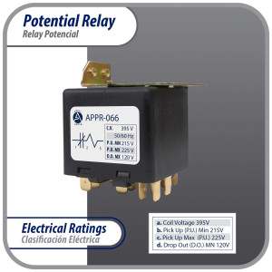 Appli Parts APPR-066 Relay Potencial 066, Voltaje de Bobina 395 V, Recogida Minima 215 V, Recogida Maxima 225 V, Caida Maxima 120 V, 50/60Hz Remplazo universal para refrigeracion y aire acondicionado