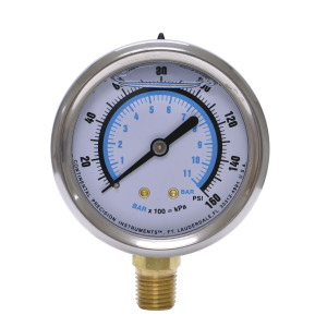 Uniweld GSL314-3 2.5 in Liquid Filled Gauge (Glycerine), 1/4 in NPT Mount, 0-160 psi, 0-11 Bar