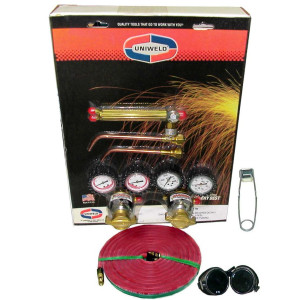 Uniweld Juego Soldadura Profesional K24 Incluye Manilla Soldar / Puntas Soldar / Regulador Oxigeno y Acetileno / Mangueras Dobles / Gafas / Encendedor / Llave Tanque / Base y Tanques no incluidos