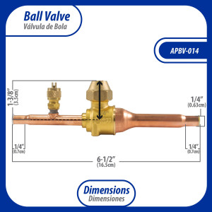 Appli Parts APBV-014 Valvula de Cierre 1/4 in tipo Bola de conexion soldable con puerto de servicio SAE de 1/4 in, presion maxima de trabajo 610 psi temperaturas de -30 C a 120 C longitud total 165mm