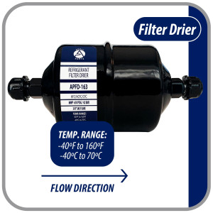 Appli Parts APFD-163 3/8 in Liquid Line Refrigerant AC Filter Drier hvac Refrigeration 163 SAE Flare connection universal unidirectional 7in long 3in wide