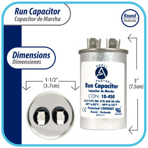 Appli Parts Condensador Capacitor de Marcha 10 Mfd uF (microfaradios) 370VAC o 450VAC CBB65 Universal Aire acondicionado y otras aplicaciones Redondo UL E476928 7.5cm Alto 3.7cm Ancho CON-10-450