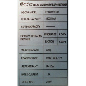 Consola Piso-Techo 36.000btu R22/R410 230v/60hz/1ph Ecox Eptc036c10b