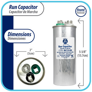 Appli Parts Dual Run Capacitor for ac 40+7.5 Mfd uF (microfarads) 370VAC or 450VAC CBB65 Round Universal fit for hvac and other applications 5-3/8 in High 2 in Wide CON-40/7.5-450  