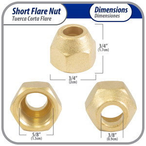 Appli Parts APFN-38 3/8 in Flare short brass flared fittings for use with copper, brass, aluminum, or steel tubing in gas line plumbing and hvac applications