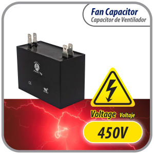 Appli Parts Fan Capacitor 6 mfd (microfarads) uf 450 VAC 4 Terminal Connections compatible with any brand within the same range of capacitance 1-7/8in Width 7/8in Depth 1-3/4in Height CAP-6-450