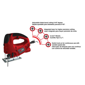 Promaker Jig Saw PRO-SC800 Voltage - Frequency: 120V - 60Hz Amperage: 7.0AMP Power: 800W Speed: 800-3000spm Bevel Cut: 0-45 Cutting capacity: 100mm (wood) 10mm (steel) Cord: 6.5ft