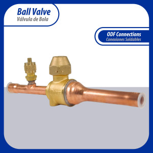 Appli Parts APBV-038 Valvula de Cierre 3/8 in tipo Bola de conexion soldable con puerto de servicio SAE de 1/4 in, presion maxima de trabajo 610 psi temperaturas de -30 C a 120 C longitud total 165mm
