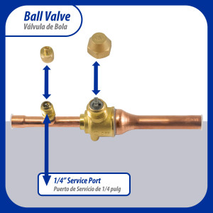 Appli Parts APBV-038 Valvula de Cierre 3/8 in tipo Bola de conexion soldable con puerto de servicio SAE de 1/4 in, presion maxima de trabajo 610 psi temperaturas de -30 C a 120 C longitud total 165mm