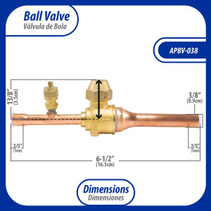 Appli Parts APBV-038 Valvula de Cierre 3/8 in tipo Bola de conexion soldable con puerto de servicio SAE de 1/4 in, presion maxima de trabajo 610 psi temperaturas de -30 C a 120 C longitud total 165mm