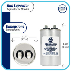 Appli Parts Run Capacitor for ac 35 Mfd uF (microfarads) 370 VAC or 450 VAC CBB65 Round Universal fit for hvac and other applications 3-5/8 in High 1-7/8 in Wide CON-35-450
 Appli Parts Run Capacitor for ac 35 Mfd uF (microfarads) 370 VAC or 450 VAC CBB65 Round Universal fit for hvac and other applications 3-5/8 in High 1-7/8 in Wide CON-35-450
