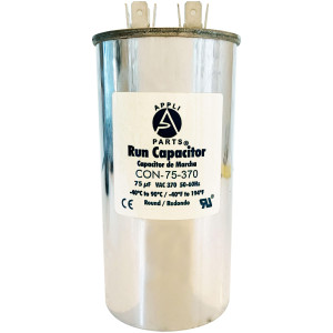 Appli Parts Run Capacitor for ac 75 Mfd uF (microfarads) 370VAC CBB65 Round Universal fit for hvac and other applications 5-1/2in High 2-1/4in Wide CON-75-370-R 