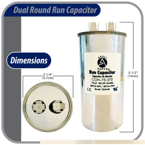 Appli Parts Run Capacitor for ac 75 Mfd uF (microfarads) 370VAC CBB65 Round Universal fit for hvac and other applications 5-1/2in High 2-1/4in Wide CON-75-370-R 