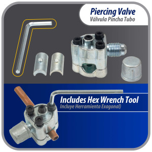 Appli Parts APT-PV210 Valvula perforadora 1/4, 5/16 o 3/8 pulg tipo bala con adaptadores y empacadura para sistemas de refrigeracion con puerto de servicio SAE de 1/4 pulg