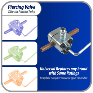 Appli Parts APT-PV210 Valvula perforadora 1/4, 5/16 o 3/8 pulg tipo bala con adaptadores y empacadura para sistemas de refrigeracion con puerto de servicio SAE de 1/4 pulg