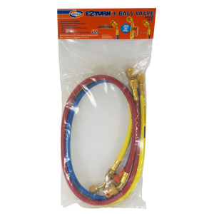 Uniweld EZ5HS Manifold Hoses 60 in Red and Blue with EZ Turn, Yellow with Ball Valve, CFC/HCFC/HFC R410 Anti-Blowback fitting with Soft Magic Barrier hose set