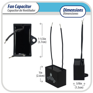 Appli Parts CAP-2.5-250-2C Condensador Capacitor de ventilador 2.5 mfd (microfaradios) uf 250VAC con 2 cables compatible con cualquier marca de igual capacitancia 3.7cm Ancho 1.5cm Prof. 2.6cm Alto
