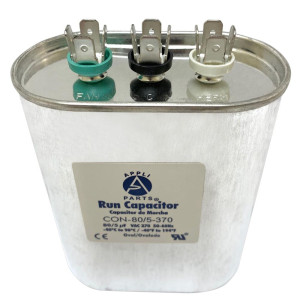 Appli Parts Dual Run Capacitor for ac 80+5 Mfd uF (microfarads) 370VAC CBB65 Oval Universal fit for hvac and other applications 3-1/2in Wide 1-3/4in Depth 4-3/4in High CON-80/5-370