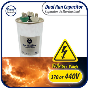 Appli Parts Dual Run Capacitor for ac 55+7.5 Mfd uF (microfarads) 370VAC or 450VAC CBB65 Round Universal fit for hvac and other applications 5-1/4 in High 2 in Wide CON-55/7.5-450