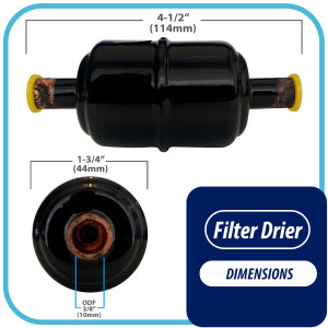 Appli Parts APFD-033S 3/8 in Liquid Line Refrigerant AC Filter Drier hvac Refrigeration 033S ODF Sweat Solder connection universal unidirectional 4-1/2 in long 1-3/4 in wide