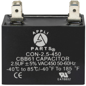 Appli Parts Condensador Capacitor de ventilador 2.5 mfd (microfaradios) uf 450VAC con conectores compatible con cualquier marca de igual capacitancia 3.7cm Ancho 1.8cm Prof 3.7cm Alto CAP-2.5-450