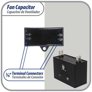 Appli Parts Fan Capacitor 2.5 mfd (microfarads) uf 450 VAC 4 Terminal Connections compatible with any brand within the same range of capacitance 1-1/2in Width 3/4in Depth 1-1/2in Height CAP-2.5-450
