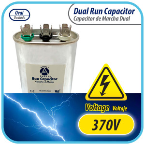 Appli Parts Dual Run Capacitor for ac 30+5 Mfd uF (microfarads) 370VAC CBB65 Oval Universal fit for hvac and other applications 1-3/4 in. Wide 2-3/4 in. Depth 3-1/2 in. Height CON-30/5-370